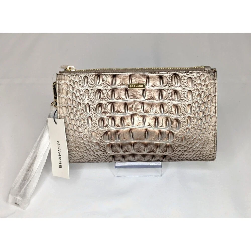 Brahmin Daisy Large Zip Wristlet - Silver Lining, Grey Taupe Brown NWT - Picture 1 of 9